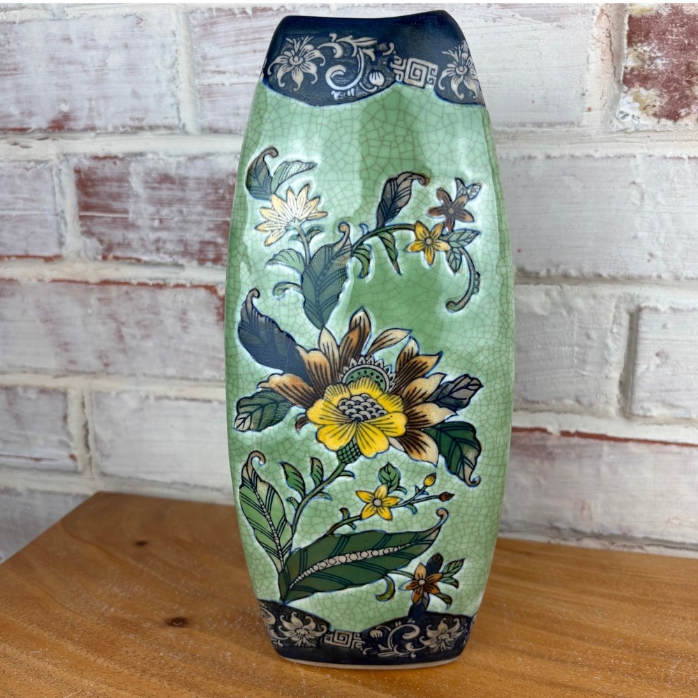 Formalities by Baum Bros Imperial Peony Crackle Vase 11in Sage Green Chinoiserie
